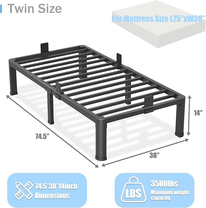 Yitong Angel 14 inch Twin Bed Frame with Round Corner Legs Mattress Slide Stopper,3500 lbs Heavy Duty Metal Platform,No Box Spring Needed,Steel Slat Support,Easy Assembly,Noise Free