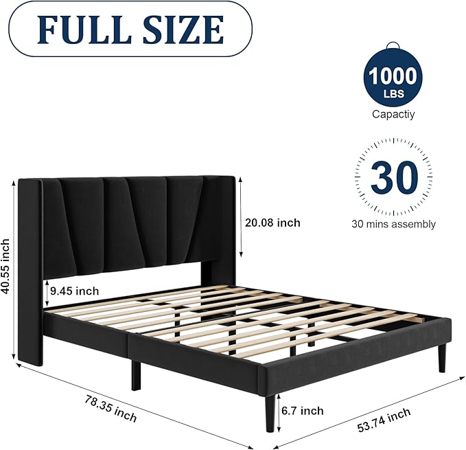 Sismplly Full Bed Frame with Headboard, Velvet Upholstered Full Size Platform Bed with Wingback, Mattress Foundation with Wooden Slat Support, No Box Spring Needed, Easy Assembly, Noise Free, Black