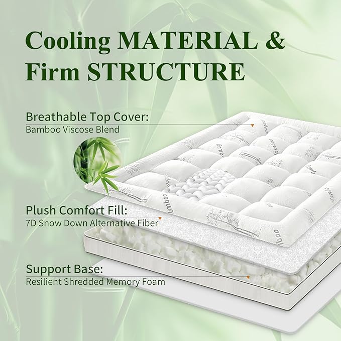 Memory Foam Mattress Topper - Viscose Made from Bamboo Pillow Top Thick King Size Mattress Pad for Back Pain, Ultra Soft & Cooling for Hot Sleepers, 6-18'' Deep Pocket, White