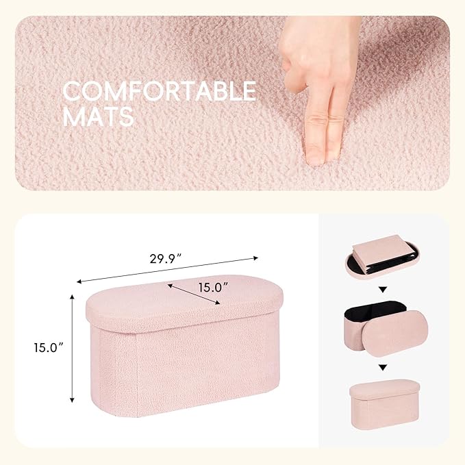 PINPLUS Storage Ottoman Bench Tufted Oval Ottomans for Living Room Foot Rest, Chest Box Velvet Bench with Storage, Pink 30"x15"x15" (Pink)