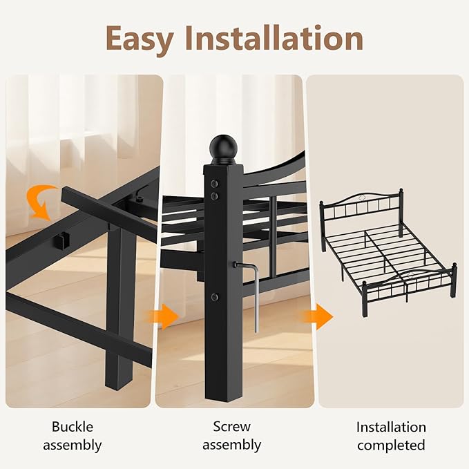 Metal Full Size Bed Frames with Headboard, 1500lb No Squeak Metal Platform with Headboard, 12" Underbed Storage, Tool-Free 30-Min Assembly No Box Spring Needed for Dorms/Apartments
