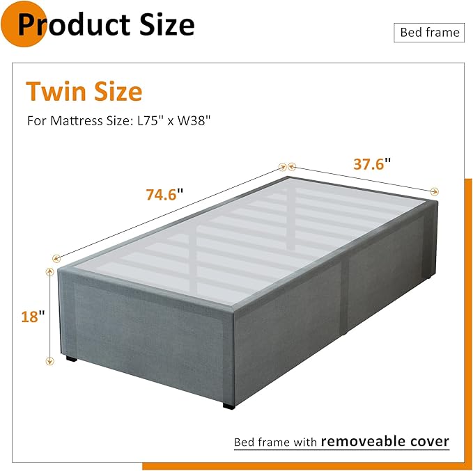 Maenizi Twin Bed Frames with Fabric Cover 18 Inch, Heavy Duty Metal Bed Frame Twin, No Box Spring Needed, Support Up to 2500 lbs, Easy Assembly, Noise Free, Black