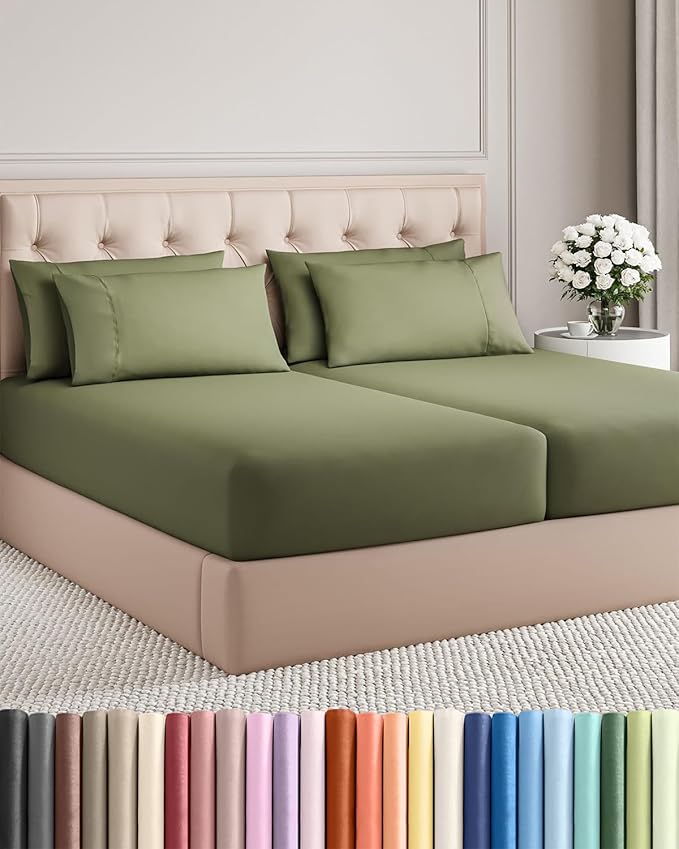 Split King 7 Piece Sheet Set - Comfy, Breathable & Cooling - Soft Hotel Luxury Bedding for Women, Men, Kids, Teens & Children - 1 Flat & 2 Fitted Sheets & 4 Pillowcases w/ Deep Pockets - Sage Green