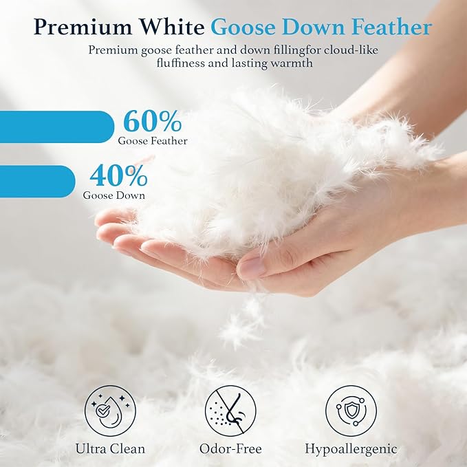 RDS Certified Goose Feather & Down Pillows, 3-Chamber Gusseted Design for Balanced Neck Support, 100% Cotton Cover, Hotel Style Bed Pillow for Side and Back Sleepers | Queen Size Set of 2, 20" x 30"