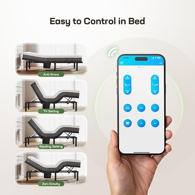 Marsail MS01-2 Queen Adjustable Bed with Massage + 8-inch Gel Memory Foam Mattress, APP Control Adjustable Bed with Under-Bed Nightlight, Queen