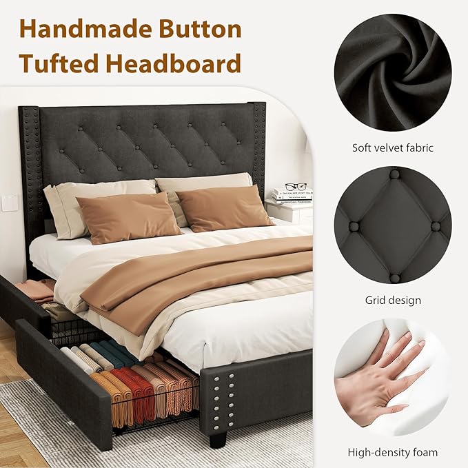 EVLIQUIL Bed Frame Full Size with 4 Storage Drawers, Upholstered Headboard & Frame, Sturdy Metal Frame & Wood Slats, Platform Bed Frame No Box Spring Needed, Easy Assembly, Black