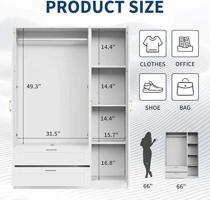 66" 3 Doors Wooden Wardrobe Closet Armoire with 2 Drawers & 3 Shelves, Wooden Wardrobe Closet with Hanging Rod, Bedroom Large Capacity Freestanding Armoire for Bedroom,Cloak Room,Entrance Hall, White