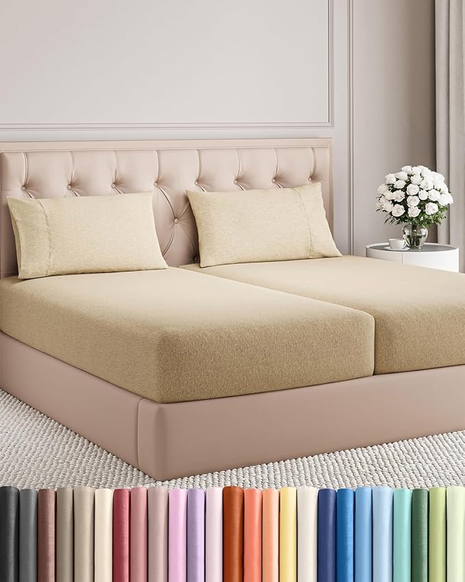 Split King Size 5 Piece Sheet Set - Comfy Breathable & Cooling Sheets - Hotel Luxury Bed Sheets for Women & Men - Deep Pockets, Easy-Fit, Soft & Wrinkle Free Sheets - Heathered Tan Oeko-Tex Bed Sheets