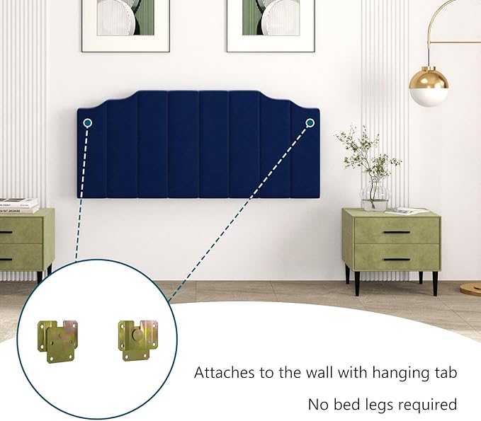 Befurtori Queen Size Headboard Only, Velvet Wall Mounted Headboard Queen/Full Size for Adjustable Bed, Modern Vertical Channel Design with Curved Upholstered Head Board, Royal Blue