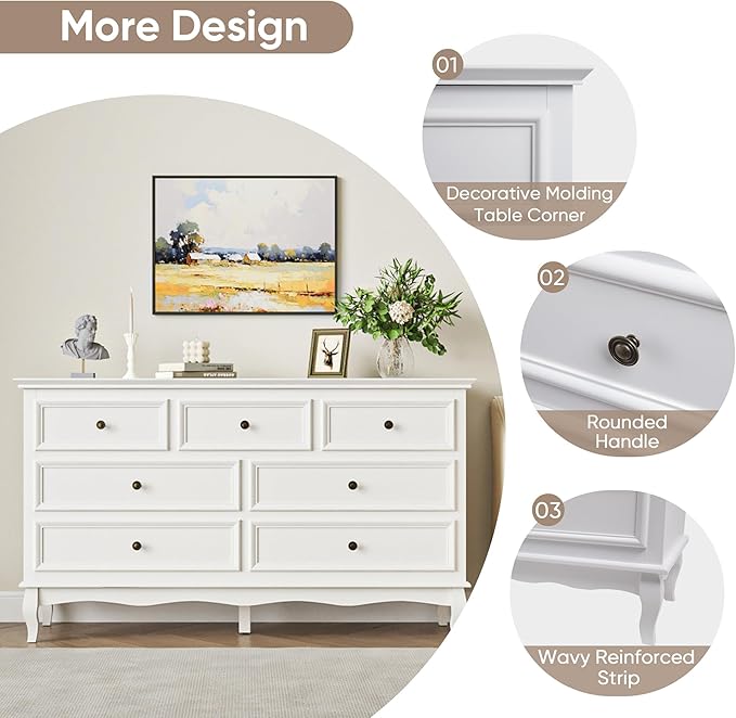 May in Color White 7 Drawer Dresser Set of 2 for Bedroom, Modern Chest of Drawers with Painted Finish, Wooden Storage Closet Cabinet Organizer for Living Room, Nursery, Hallway