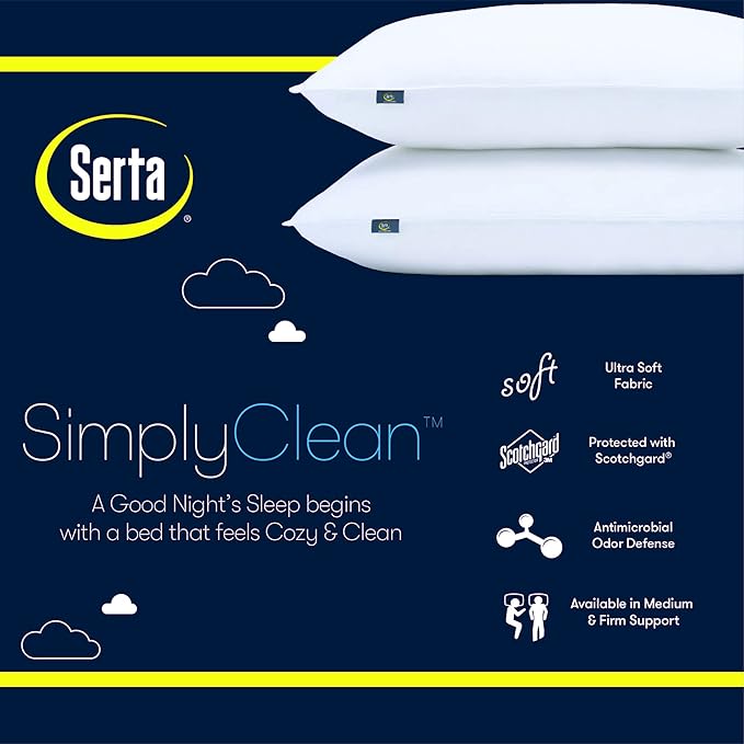 Serta Simply Clean Soft Stain-Resistant Down Alternative Medium/Firm Bed Pillows for Sleeping (2 Pack), King, White