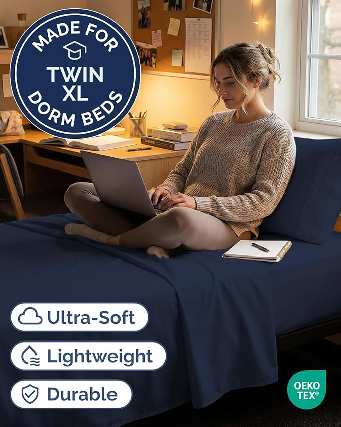 Twin XL Size 3 Piece Sheet Set - Comfy Breathable & Cooling Sheets - Hotel Luxury Bed Sheets for Women & Men - Deep Pockets, Easy-Fit, Soft and Wrinkle Free Sheets - Navy Blue Oeko-Tex Bed Sheet Set
