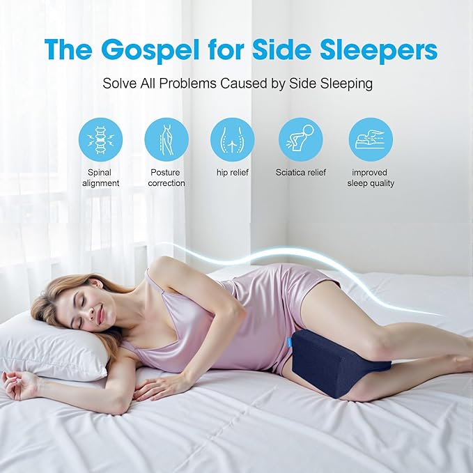 Knee Pillow for Side Sleepers with Cooling Gel, Memory Foam Elevation Pillow for Spine Aligning, Sciatica, Back, Hip, Knee, Ankle Pain, Blue/Regular