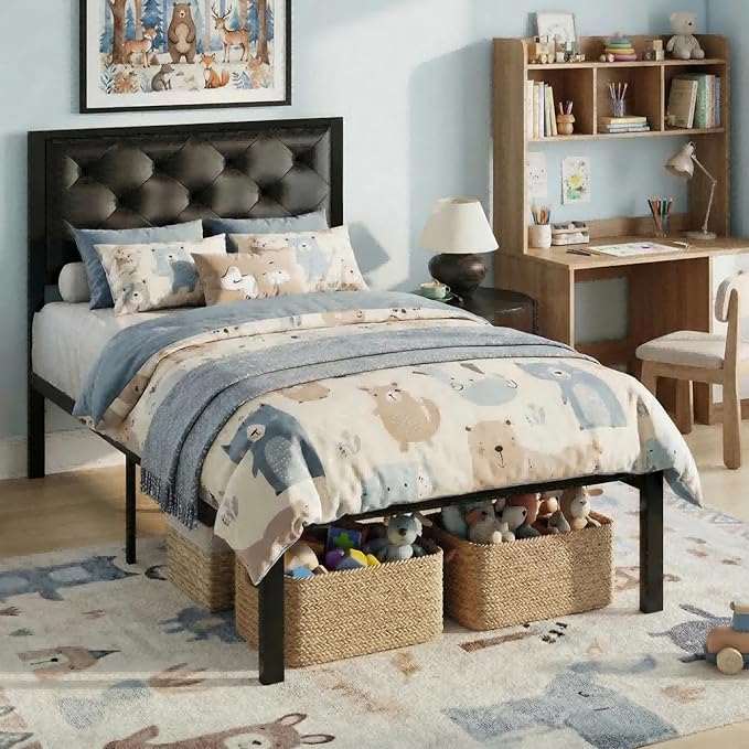 SHA CERLIN Twin Size Metal Platform Bed Frame, PU Leather Upholstered Button Tufted Headboard, Mattress Foundation with 12.4” Under-Bed Storage, Noise-Free, Easy Assembly, No Box Spring Needed, Black