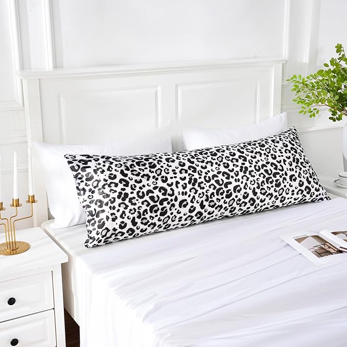 MR&HM Satin Body Pillow Cover, Soft and Breathable Body Pillow Case with Envelope Closure, Cooling and Silky Long Pillowcase for Hair and Skin,Grey (20x54, White Leopard)