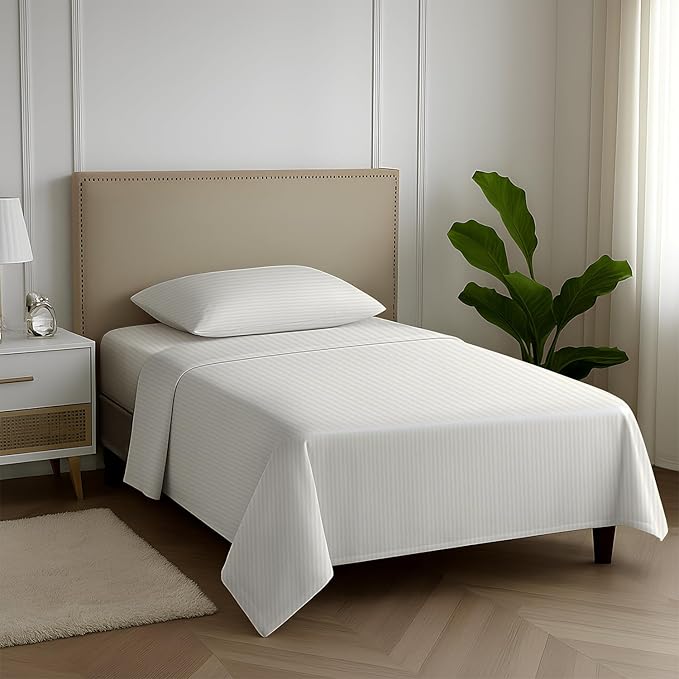 Carressa Linen Luxury Egyptian Cotton Twin Stripe Sheet Set - 600 Series Hydrangeas Collection Extra Long Staple 3 PC Set, Ivory Twin Damask Sheets, Sateen Weave Sheets Upto 18 in Deep Pocket