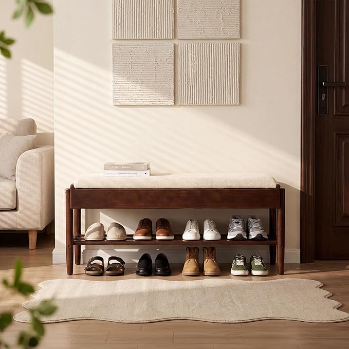 YEPDIN 39.3" Solid Wood Shoe Rack Bench with Flip-Top Storage,2 Tier Shoe Rack Bench with Chenille Cushion,for Entryway, Hallway,Living Room, Bedroom, Closet
