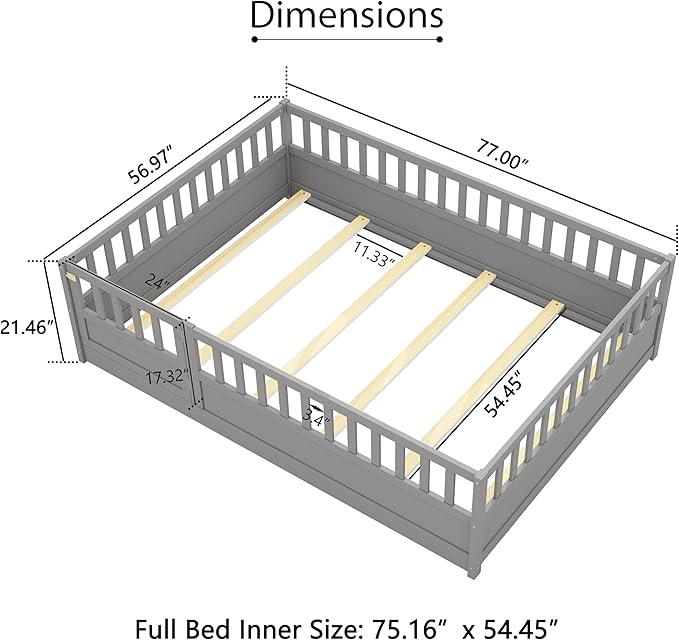 Bellemave Full Size Floor Bed with Slats and Door, Full Size Montessori Floor Bed with Rails, Easy Assemble Montessori Beds Frame for Bedroom, Gray