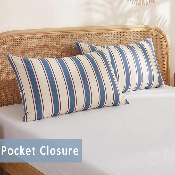 Merryword White and Blue Striped Pillowcases, 100% Cotton Pillow Cases, Standard Size Pillowcases, Luxury Linen Like Pillowcase, Soft Breathable Stripe Pillow Covers, Set of 2