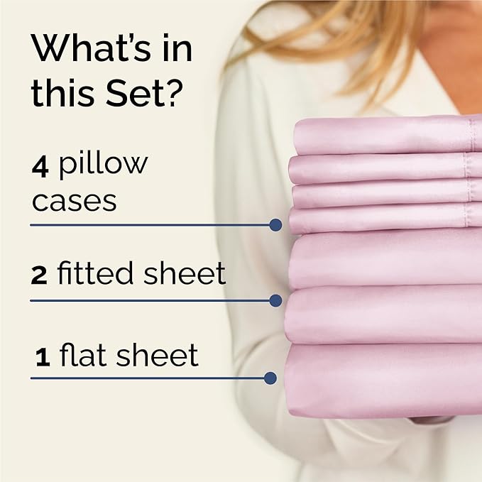 Split King 7 Piece Sheet Set - Comfy, Breathable & Cooling - Soft Hotel Luxury Bedding for Women, Men, Kids, Teens & Children - 1 Flat & 2 Fitted Sheets & 4 Pillowcases w/ Deep Pockets - Light Pink