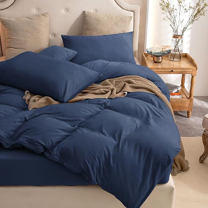 PURE ERA Jersey Knit Duvet Cover Set 100% T-Shirt Cotton Super Soft Comfy 3pc Bedding Set with Zipper Closure (Solid Navy Blue, King, 104'' x 90'')