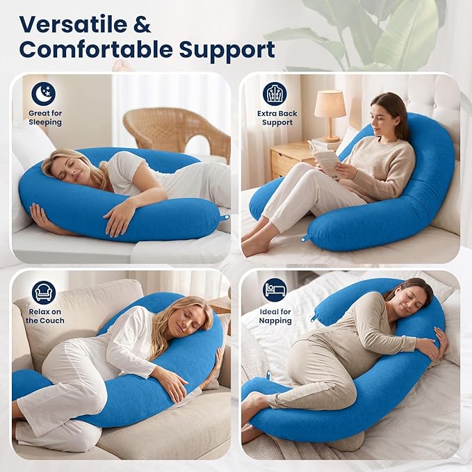 TranquilRelax C Shaped Body Pillow for Side Sleepers, Memory Foam Long Pillow for Leg, Hip & Back Support, Soft Washable Cover,Light Blue-47"*10"