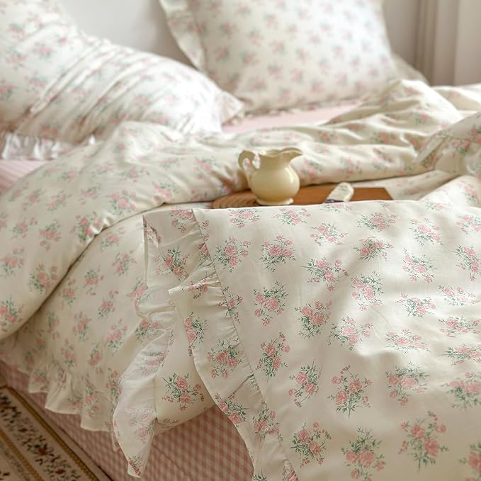 mixinni Pink Floral Duvet Cover Set Full Size - 100% Cotton Ruffle Lace Bedding Set for Girls, Romantic Cottagecore Style Duvet Cover with Zipper Closure, Soft Aesthetic Princess Bedding-Full