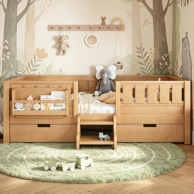 Bellemave Twin Bed with Storage Drawers & Bookshelf, Low Profile Kids Bed Frame with Staircase & Full Length Guardrails, Solid Wood Twin Bed for Kids with Slats Load 300LBS, Easy Assembly, Natural