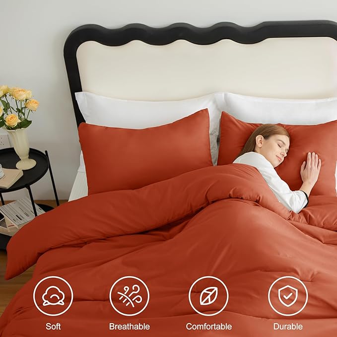 CozyLux Terracotta Queen Comforter Set, 3 Pieces Burnt Orange Rust Solid Breathable Quilted Bedding Sets, Luxury Fluffy Soft Bed Set with Down Alternative Comforter and 2 Pillowcases for All Season