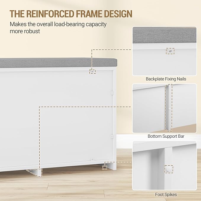 Hzuaneri 2 Tier Shoe Storage Bench with Doors, 59" Farmhouse Shoe Bench with Padded Cushion, 12-16 Pairs of Bed End Bench, Entryway Bench with Storage for Bedroom, Living Room, White SB61503X