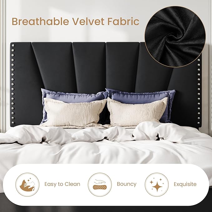 SHA CERLIN Queen Size Bed Frame with Adjustable Upholstered Velvet Rivets Headboard, Sturdy Wooden Slats, Strong Platform Support for Mattress, No Box Spring Needed, Easy Assembly, Black