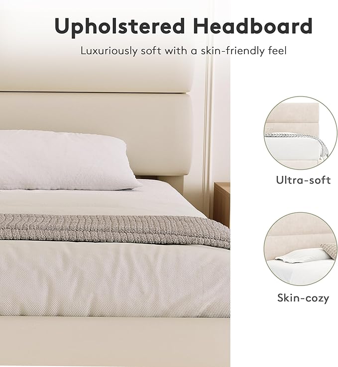 GRUSIGN King Size Platform Bed Frame with Velvet Headboard, Adjustable Height Wooden Slats Support, Upholstered Mattress Foundation, Fits Mattress or Mattress with Box Spring, Easy Assembly, Beige