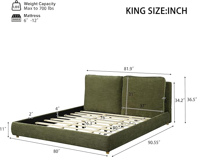 Merax King Size Boucle Fabric Upholstered Platform Bed with Two Removable Pillow Headboard, Wood Bed Frame with Solid Round Legs for Kids Teens Adults, Olive Green