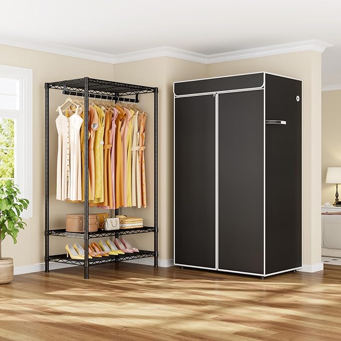 ULIFHOME H5C Clothes Rack with Cover, Portable Closet for Hanging Clothes, Covered Clothing Racks Heavy Duty, Garment Racks with Shelves, Max Load 360LBS, Black Closet Rack with Black Cover