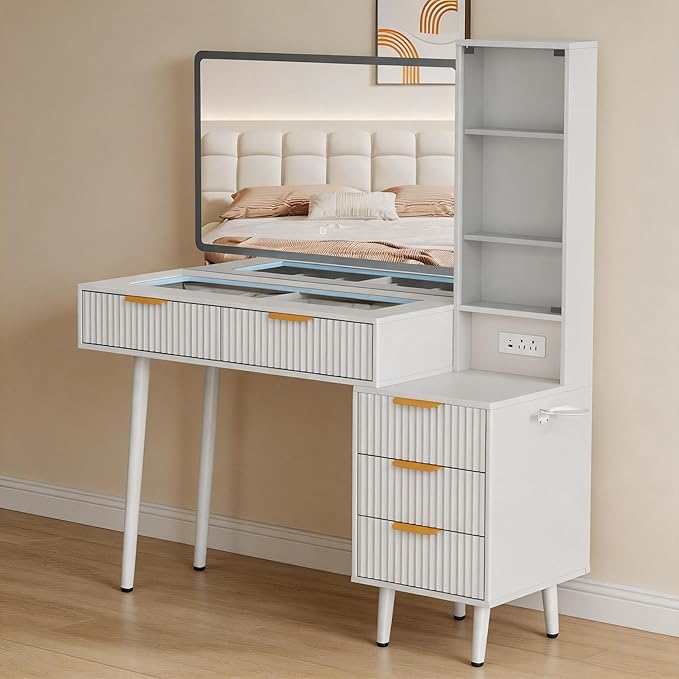 Garvee 48" Fluted Makeup Vanity Desk with Mirror and Lights, Glass Top Vanity Table with 5 Drawers, Open Shelf and Power Outlet, Modern Dressing Table for Bedroom and Living Room
