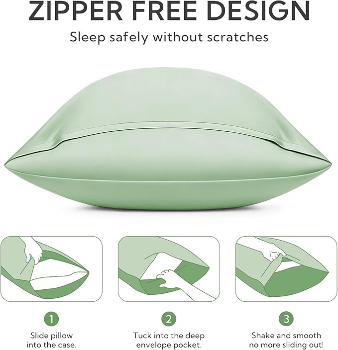 MR&HM Queen Pillow Cases Set of 2, Cooling Pillow Case for Hot Sleepers 20"x30", Breathable & Moisture Wicking, Soft Envelope Pillowcases, Rayon Derived from Bamboo & Polyester Blend (Sage Green)