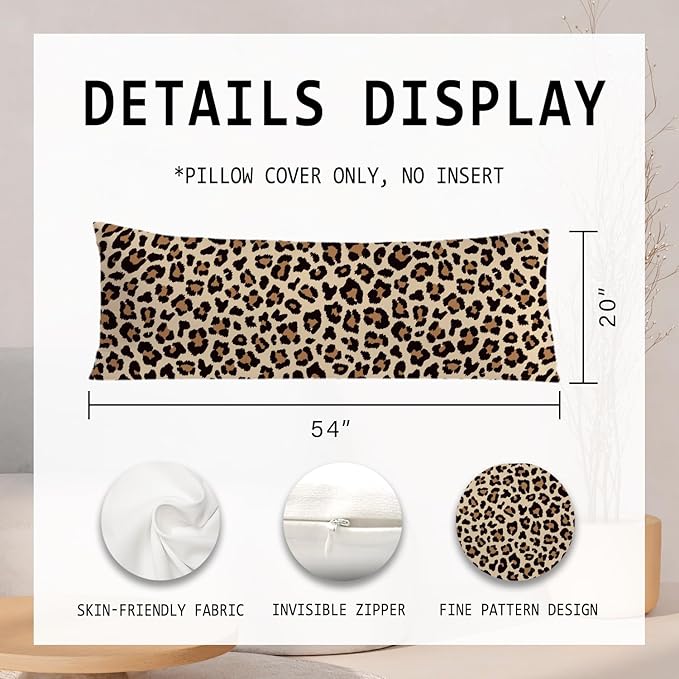 Trendy Leopard Print 20x54 Body Pillow Cover, Cheetah Print Room Decor, Girly Bedroom Dorm Decor, Funky Brown Leopard Animal Skin Decorative Long Body Pillow Cases for Bed Couch