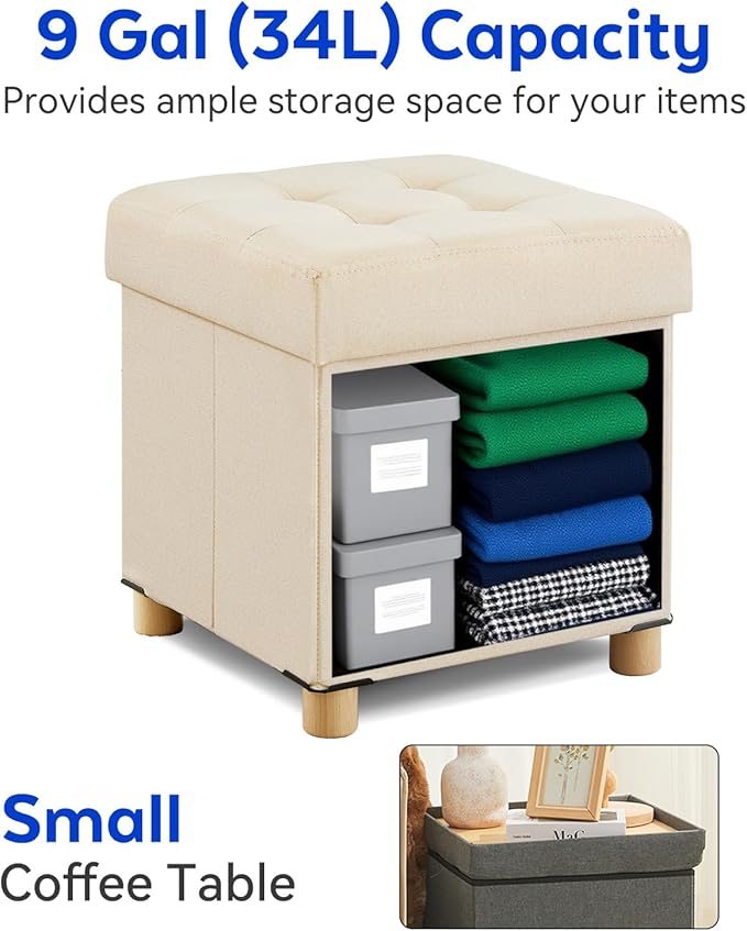 BRIAN & DANY Ottoman with Storage, Square Small Storage Ottoman Foot Rest with Legs, Ottomans Foot Stool for Dorm, Living Room, Entryway 14.8" X 14.8" X 17.8" (Beige)