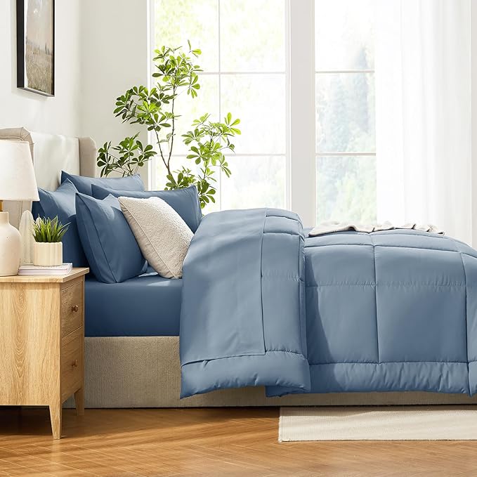 CozyLux King Size Comforter Set Dusty Blue, 7 Pieces Bed in a Bag, Grayish Blue Comforter King Size, All Season Bedding Sets with Stitch Quilted Comforter, Flat Sheet, Fitted Sheet, Pillowcases
