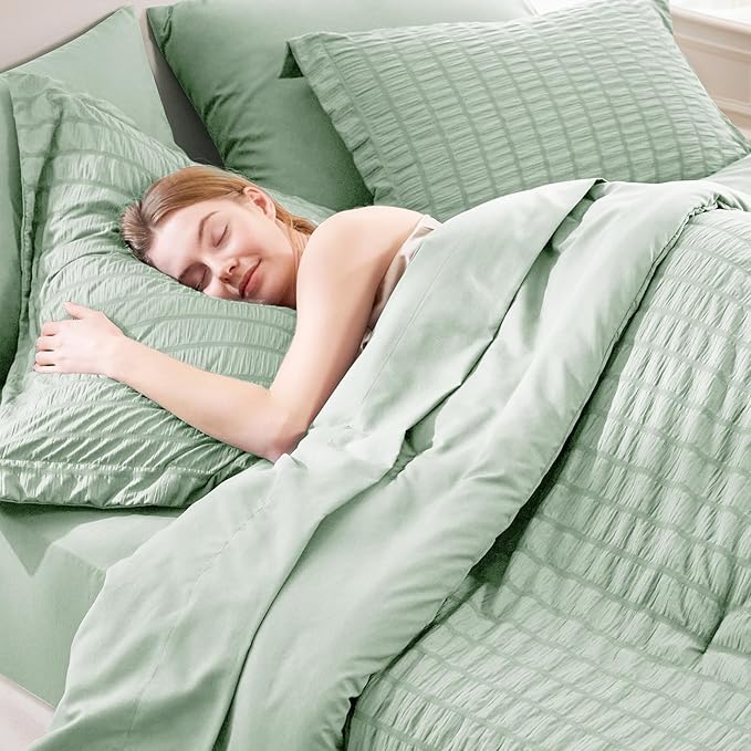 CozyLux Full Size Comforter Sets with Sheets 7 Pieces, Sage Green Seersucker Bed in a Bag Textured Luxury Soft Bedding Sets with Down Alternative Comforter, Sheets, Pillowcases & Shams for All Seasons