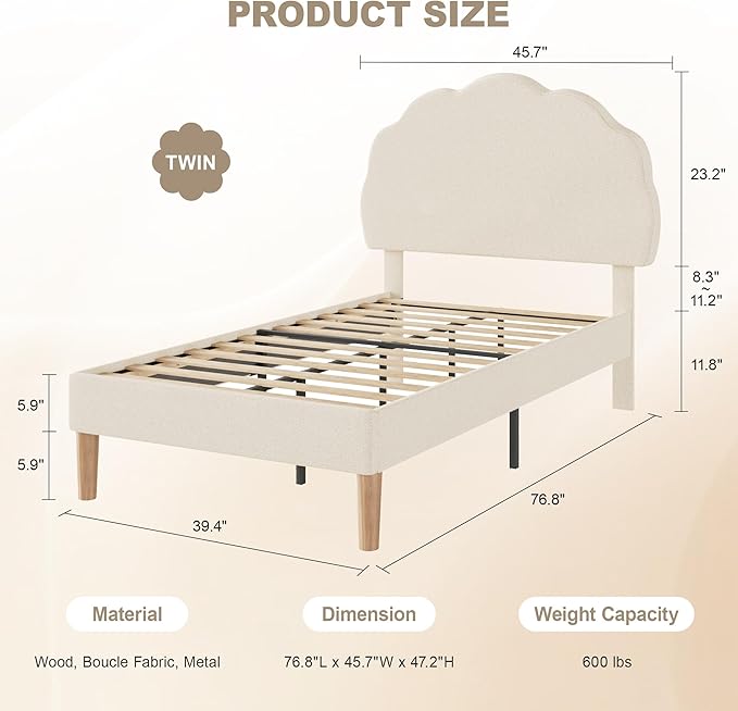 VECELO 2 Set Twin Size Bed Frame, Upholstered Platform Bedframe with Height Adjustable Plush Fabric Headboard, Strong Wood Slat Supports, No Box Spring Needed, Beige
