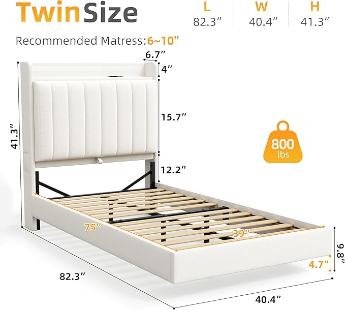 Twin Size Floating Bed Frame with Ergonomic Hidden Storage Headboard and LED Light,Visual Floating LED Bed Frame with Charing Station,Velvet Upholstered Platform Bed for Kid/Boy/Girl,Heavy Duty,White