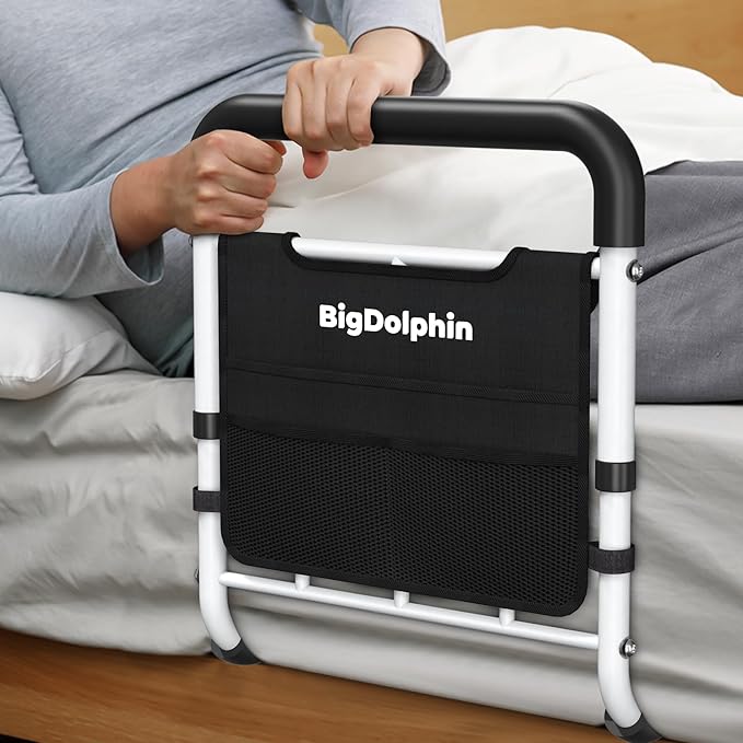 Bed Assist Rail - ASTM Approved, Adjustable Bed Cane with Non-Slip Ergonomic Handle & Storage Pocket, Bed Railings for Seniors Support 400 LBS, Tool-Free Assembly