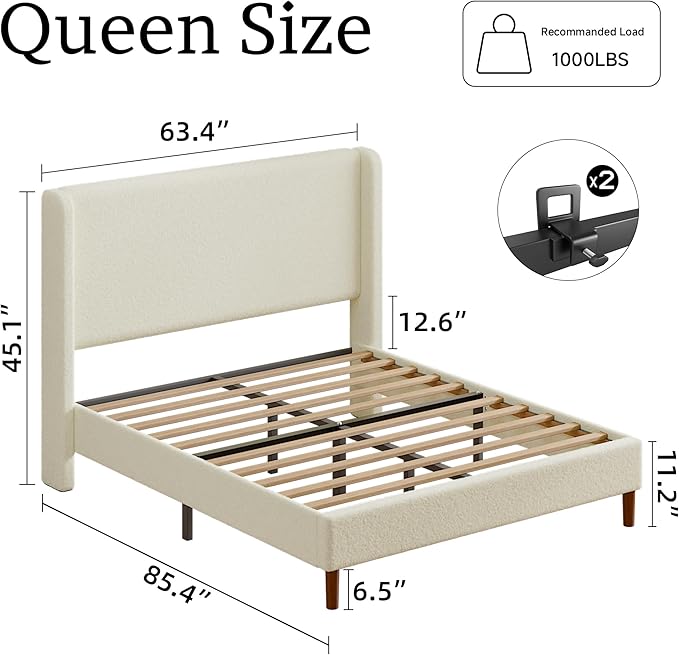 Queen Boucle Upholstered Platform Bed Frame with Adjustable Wingback Headboard, Cloud Bed with Solid Wood Legs, No Box Spring Needed, Easy Assembly, Beige