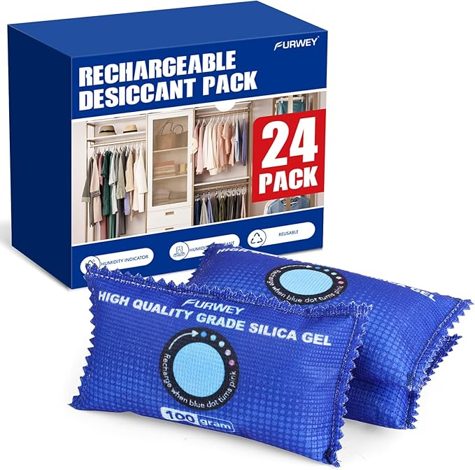 FURWEY 100g [ 24 Packs] Rechargeable Desiccant Packs for Storage, Color Indicating Silica Gel Desiccant Packets, Moisture absorbers for Storage,Dehumidifier bag for Closets,Cars,Storage Bins