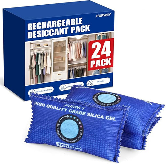 FURWEY 100g [ 24 Packs] Rechargeable Desiccant Packs for Storage, Color Indicating Silica Gel Desiccant Packets, Moisture absorbers for Storage,Dehumidifier bag for Closets,Cars,Storage Bins