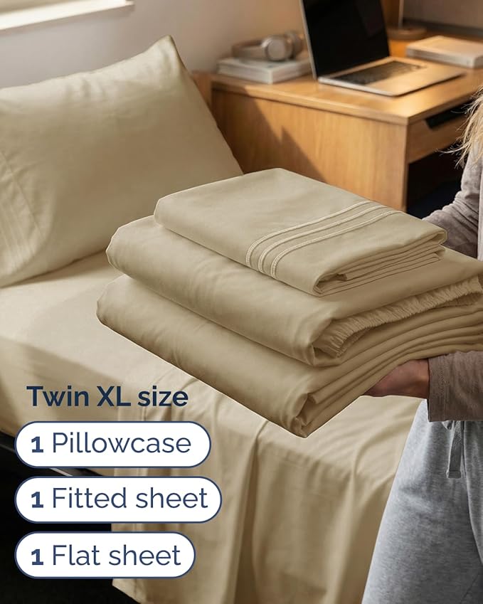 Twin XL Size 3 Piece Sheet Set - Comfy Breathable & Cooling Sheets - Hotel Luxury Bed Sheets for Women & Men - Deep Pockets, Easy-Fit, Extra Soft & Wrinkle Free Sheets - Beige Oeko-Tex Bed Sheet Set