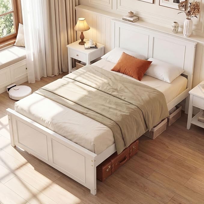 Giantex Wood Twin Bed Frames with Headboard, Farmhouse Solid Platform Bed w/Wooden Slat Support Mattress Foundation, Under-Bed Storage, No Box Spring Needed, White