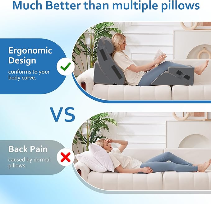Ahpmeoa 5Pcs Wedge Pillow Set for After Surgery, Orthopedic Bed Wedge Pillow Set for Post Surgery, Acid Reflux Relief, Sleeping, Back Pain Relief, Adjustable Back Pillow for Bed Sitting up, Grey