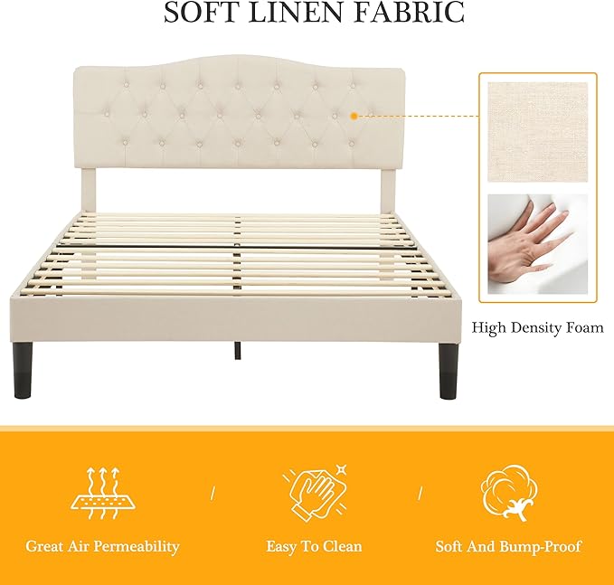 VECELO Full Size Platform Bed Frame with Fabric Upholstered Headboard and Wooden Slats Support, No Box Spring Needed/Easy Assembly,Beige
